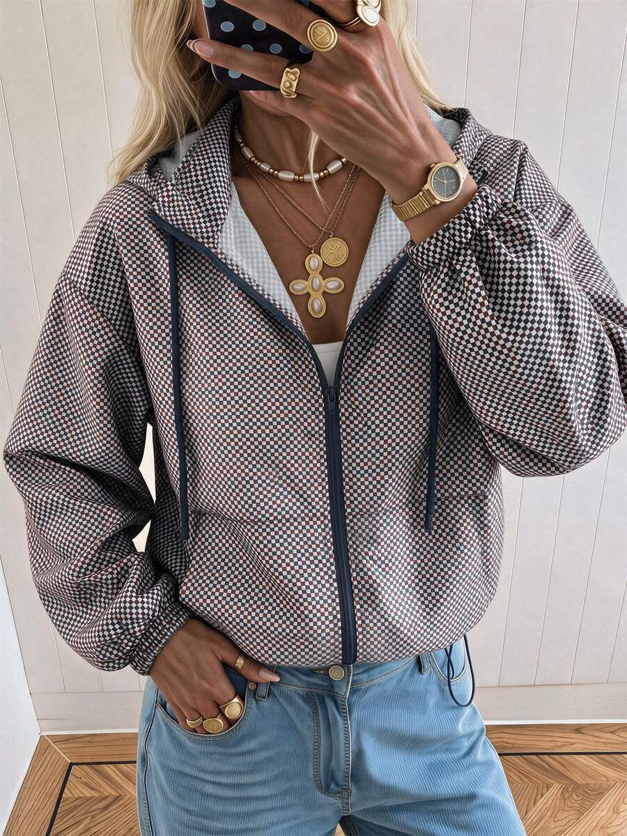 SHEIN EZwear 大尺碼女款格子拉鍊連帽休閒寬鬆優雅日常通勤外出派對夾克外套 秋季 白色 - 彩色 - 查看 1