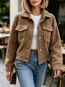 SHEIN Unity 女款前開鈕扣翻蓋口袋落肩泰迪外套，秋冬服飾 - 棕色 - 查看 1