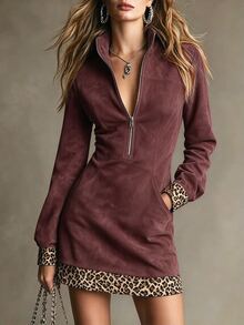 SHEIN Women's Suede Half-Zip Stand Collar Leopard Print Patchwork Contrast Color Long Sleeve Straight Short Dress With Pockets, Retro Sexy Casual Dark Brown - Burgundy - View 1