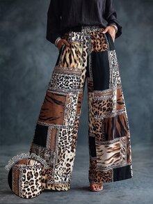 LUMIGAL Women's Leopard Print Geometric Pattern Wide Leg Pants, Casual Commute, Spring/Autumn - Multicolor - View 1