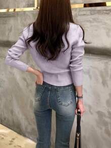 INAWLY 女款休閒簡約純色開襟衫，秋冬百搭女裝 - 淡紫色 - 查看 3