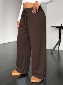 SHEIN EZwear 大尺碼休閒抽繩腰鬆身直筒針織長褲 秋季 - 巧克力棕 - 查看 4