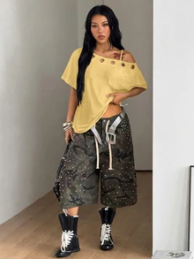 Coolane 女款秋季街頭風 Y2K 骷髏圖案萬聖節外出套裝 寬鬆版 - 黃色 - 查看 6