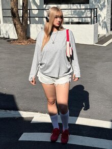 SHEIN EZwear 大尺碼女款純色圓領寬鬆長袖休閒T恤，春夏秋季 - 灰色 - 查看 4