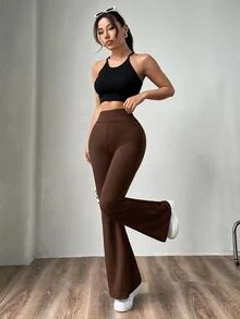 SHEIN EZwear 大尺碼女款高腰針織喇叭褲，修身顯瘦，咖啡棕秋季風格 - 咖啡棕 - 查看 4