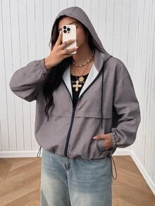 SHEIN EZwear 大尺碼女款格子拉鍊連帽休閒寬鬆優雅日常通勤外出派對夾克外套 秋季 白色 - 彩色 - 查看 7