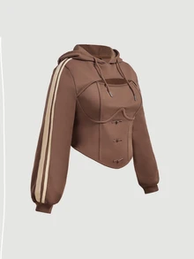SHEIN MOD Plus Size Women's Brown Napoleon Buttons Faux Two-Piece Sweatshirt Colorblock Casual Everyday Sweatshirt Festival Concert Fall/Winter - Brown - View 8