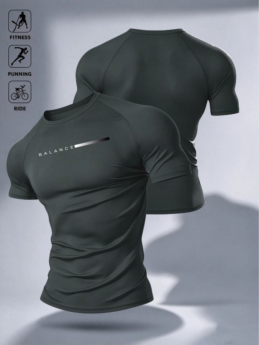 Gym Rark Men's Sports T-Shirt Elastic Fashion Logo Holiday Gift, Gym Workout Dark Grey Athleisure Sportswear - Grey - View 1