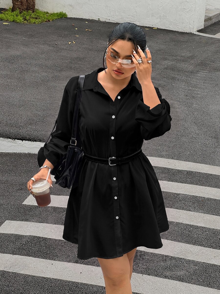 Muchica Plus Size Casual Black Front Button Shirt Dress (No Belt) For Autumn/Winter - Multicolor - View 1