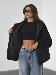 SHEIN معطف شتوي كاجوال للنساء ذوات المقاسات الكبيرة، نصف من الصوف القطبي ونصف مبطن، جودة عالية، لون موحد - الأسود - مشاهدة 3