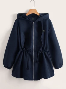 SHEIN EZwear 大碼字母拼接抽繩腰連帽外套 冬季秋季 - 藏蓝色 - 查看 1