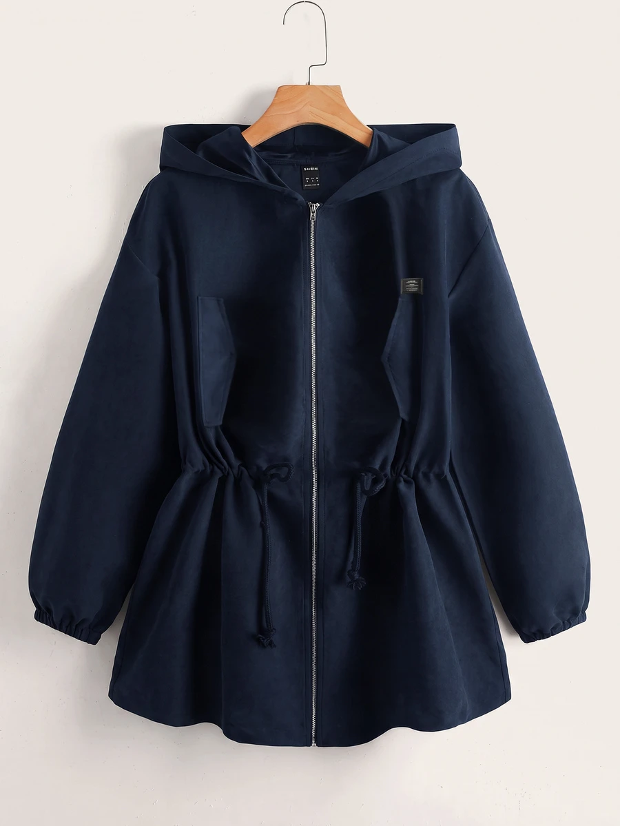 SHEIN EZwear 大碼字母拼接抽繩腰連帽外套 冬季秋季 - 藏蓝色 - 查看 1