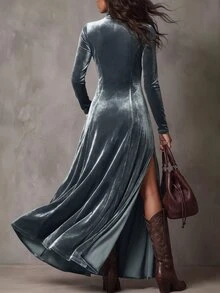 LUMIGAL 女款圓領收腰開衩下擺棕色仿麂皮波希米亞風洋裝，優雅通勤風，適合春秋穿著 - 灰色 - 查看 2