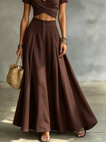 SHEIN Franclia تنورة نسائية بلون موحد مطوية للاستخدام اليومي العادي - بني - مشاهدة 1