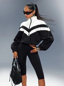 Denimoi Kort nylonjacka med färgblock, dragkedja fram och hög krage, moderiktig streetwear för avslappnad stil i kallt väder - Svart och Vitt - Visa 2