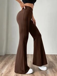 SHEIN EZwear 大尺碼女款高腰針織喇叭褲，修身顯瘦，咖啡棕秋季風格 - 咖啡棕 - 查看 5