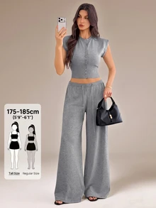 SHEIN Tall 素色短版針織背心與寬腿針織長褲套裝，卡其色，適合早午餐、秋冬休閒，高個女性適用 - 灰色 - 查看 2
