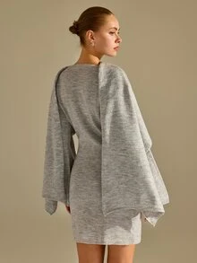 CLARA VERO Scarf Detail Knit Mini Dress, Slim Fit, Art Event Or Autumn Street, Crew Neck, Detachable Scarf - Light Grey - View 2