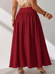 GalTyme Plus Size Minimalist Pleated Loose Long Skirt For Beach Vacation Fall - Burgundy - View 2