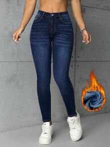 Jeanoix 女款口袋修身休閒百搭牛仔褲 海軍藍 秋季 - 深色水洗藍 - 查看 4