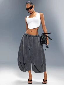Denimoi Washed Cropped Sweatpants Fashion Bottoms Sweat Jorts Casual Streetwear Cozy Fall Winter - Grey - View 1