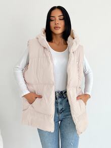 SHEIN Plus Size Zip Up Hooded Casual Puffer Vest Coat - Beige - View 1