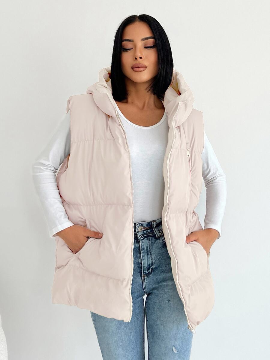 SHEIN Plus Size Zip Up Hooded Casual Puffer Vest Coat - Beige - View 1