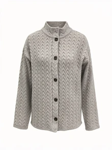 SHEIN Franclia Cardigan Rajut Wanita Model Baru Warna Polos Gaya Vintage Serbaguna dengan Bukaan Depan, Potongan Longgar, dan Kerah Tegak yang Melangsingkan - Grey - View 6