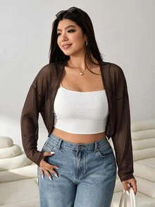 Solflare Casual Normal Black Plus Size Lightweight Sheer Mesh Long Jacket Dolman Sleeves Suitable For Outings Office Daily Wear Gatherings Commuting Autumn - Coffee Brown - View 6