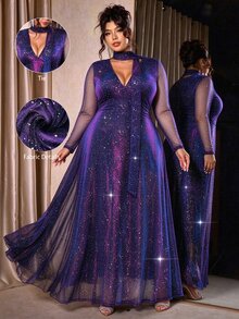 Cravure Plus Size Heavy Embellished Glitter Starry Sky Mesh Maxi Dress, V-Neck Tie Waist Evening Gown For Party - Purple - View 8