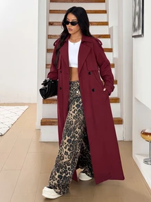 SHEIN EZwear 大尺碼女款純色翻領長袖雙排扣長版風衣外套 春秋辦公室黑色商務休閒優雅 - 酒紅色 - 查看 6