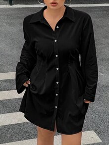 Muchica Plus Size Casual Black Front Button Shirt Dress (No Belt) For Autumn/Winter - Multicolor - View 4