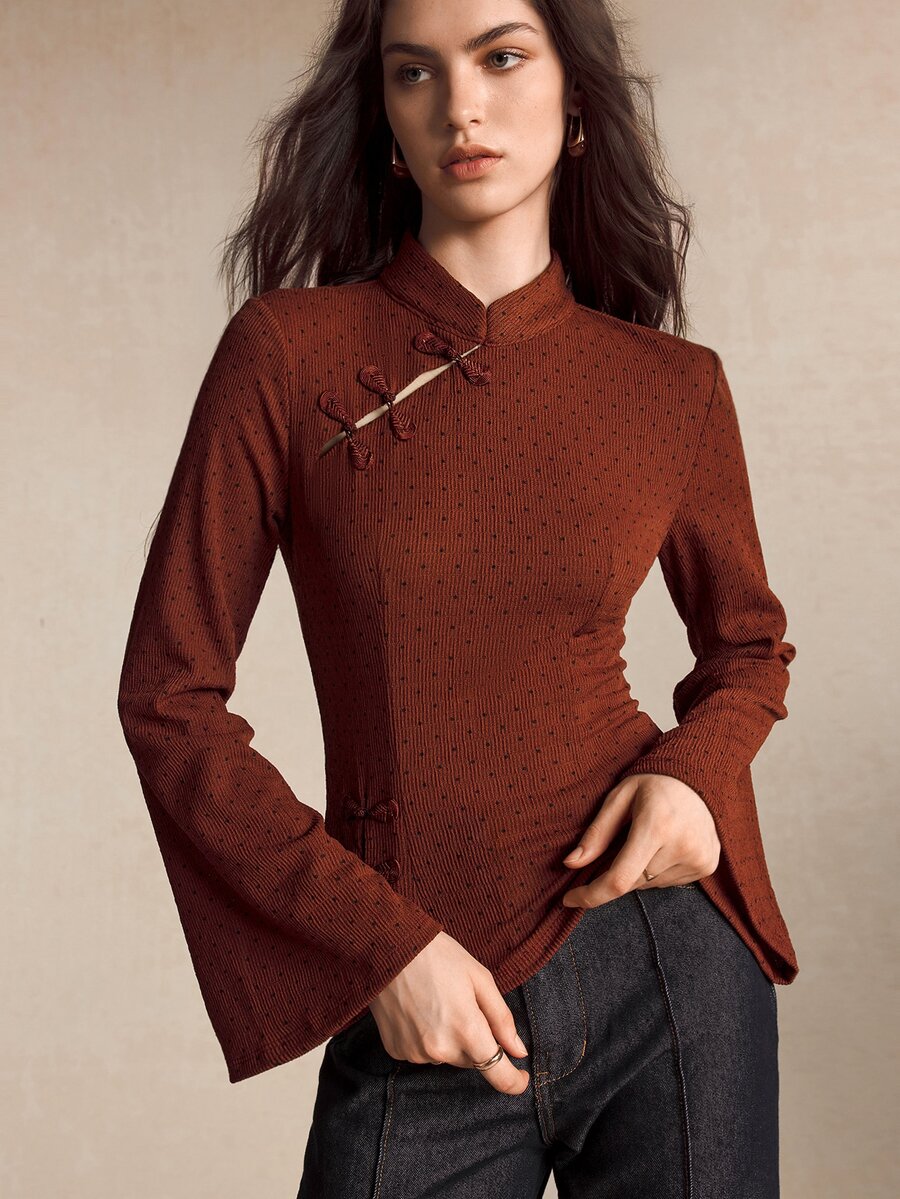 BizChic Women's Polka Dot Slim Fit Versatile Daily Long Sleeve Top - Burgundy - View 1
