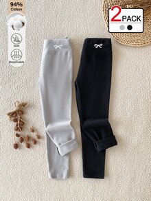 SHEIN 2件組女孩純色內搭褲，休閒高腰護腰蝴蝶結刺繡修身長褲，秋冬穿著，可作內層或外穿 - 彩色 - 查看 1