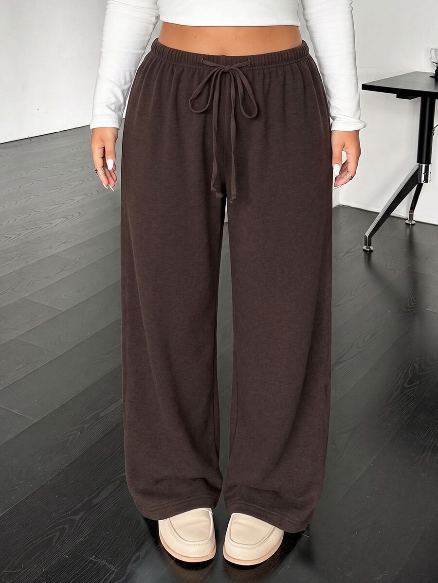 SHEIN EZwear 大尺碼休閒抽繩腰鬆身直筒針織長褲 秋季 - 巧克力棕 - 查看 1