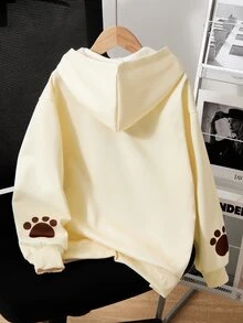SHEIN Sparklyn 女童黃色連帽衛衣，印有可愛卡通貓咪微笑臉風格，活力可愛。寬鬆落肩版型，搭配袋鼠口袋，適合秋季穿搭，適用於校園、日常穿著，輕鬆打造甜美休閒造型 - 米色 - 查看 2