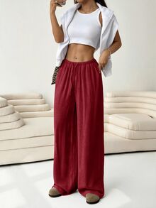 Solflare 大尺碼純色休閒優雅軟挺打結寬腿褲，亞麻商務女款秋季度假辦公正式黑色秋季 - 酒紅色 - 查看 3