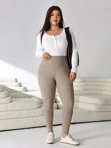Solflare 大尺碼女款純色高腰休閒百搭內搭褲 - 卡其色 - 查看 4