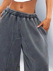 Denimoi Washed Cropped Sweatpants Fashion Bottoms Sweat Jorts Casual Streetwear Cozy Fall Winter - Grey - View 2