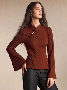 BizChic Women's Polka Dot Slim Fit Versatile Daily Long Sleeve Top - Burgundy - View 7