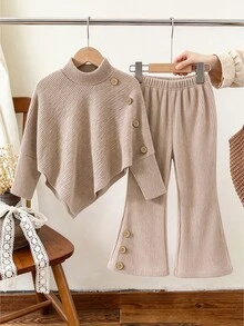 SHEIN (Young Girl) 春/秋/冬休閒T恤套裝，設計感不對稱套頭高領針織羅紋磨毛布料，前下擺咖啡色鈕扣裝飾，米色純色長袖T恤上衣搭配喇叭長褲，2件套適合春/秋/冬返校季，優雅淑女風高端日常校園、出遊、旅行、派對穿著 - 卡其色 - 查看 6