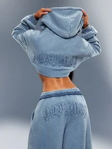 Cropped Raw Edge Zip Front Hoodie With Denimoi Patch Washed Fashionable Streetwear Lounge - Blue - View 2