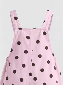 SHEIN Genkimix Kids 女童牛仔吊帶褲，四季新款，時尚甜酷復古設計，粉色底色配黑色波點印花，胸前3D大蝴蝶結設計，直筒寬鬆版型，百搭時尚日常穿搭，適合度假與多種場合，四季可穿的女童牛仔吊帶褲 - 粉色 - 查看 5