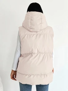 SHEIN Plus Size Zip Up Hooded Casual Puffer Vest Coat - Beige - View 2