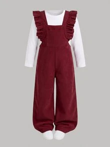 SHEIN Elladie kids 女童燈芯絨荷葉邊裝飾吊帶褲，純色寬腿直筒連身褲，適合秋冬 - 紅色 - 查看 1