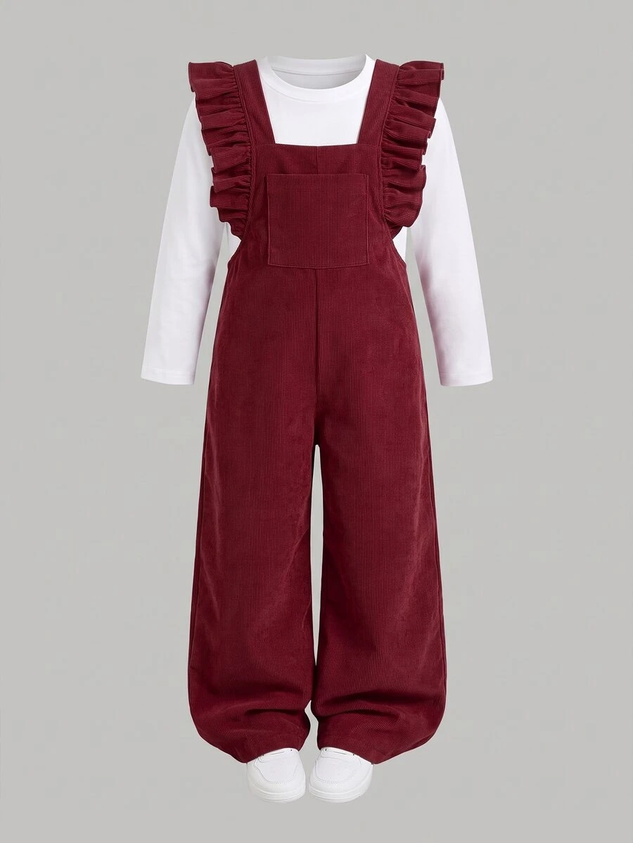 SHEIN Elladie kids 女童燈芯絨荷葉邊裝飾吊帶褲,純色寬腿直筒連身褲,適合秋冬 - 紅色 - 查看 1