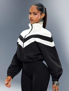 Denimoi Kort nylonjacka med färgblock, dragkedja fram och hög krage, moderiktig streetwear för avslappnad stil i kallt väder - Svart och Vitt - Visa 4