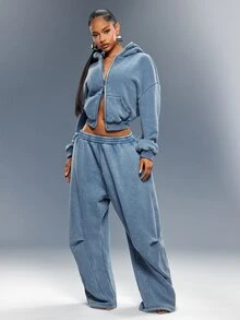 Denimoi Washed Studded Wide Leg Sweatpants Fashionable Streetwear Lounge Wear Airport Outfit Cool Girl - Blue - View 3