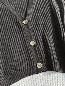 SHEIN EZwear 大尺碼休閒傳統寬鬆純色鈕扣開襟羅紋針織開襟衫，秋冬正式畢業度假棕色 - 深灰色 - 查看 6