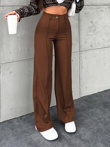 SHEIN Tall Solid Color Toothpick Striped Design Wide Leg Office Autumn Pants - Rust Brown - View 1